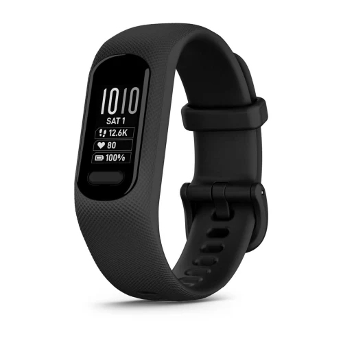 Garmin vívosmart 5 Black with Large silicone band, angled fitness tracker display