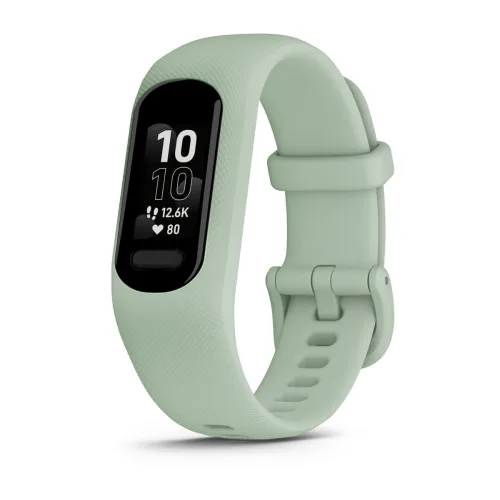 Garmin vívosmart 5 Cool Mint with Small/Medium silicone band, angled fitness tracker display