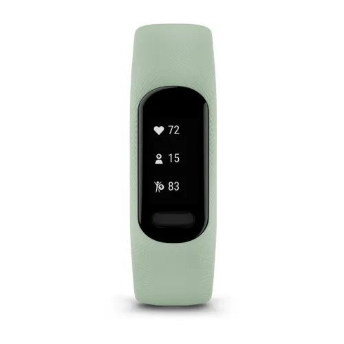 Garmin vívosmart 5 Cool Mint with Small/Medium silicone band, front activity display