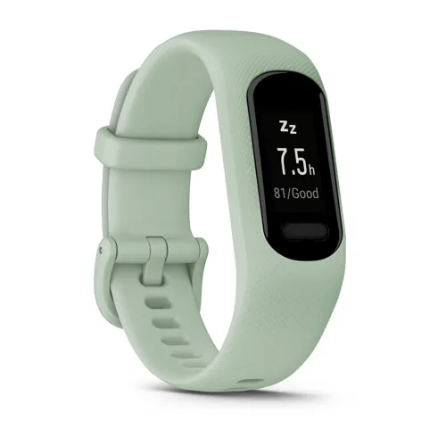 Garmin vívosmart 5 Cool Mint with Small/Medium silicone band, opposite angled fitness tracker display