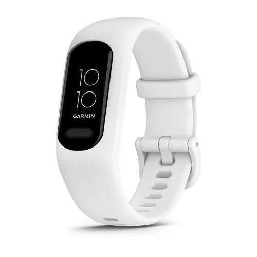 Garmin vívosmart 5 White with Small/Medium silicone band, angled fitness tracker display