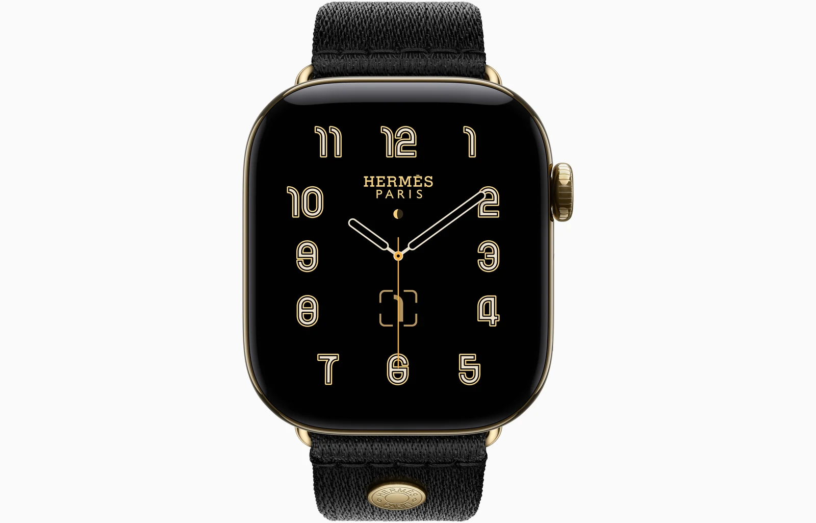 Apple Watch Hermès Series 12 42mm Radiant Gold Titanium case with Noir Satin Clou de Selle — front view