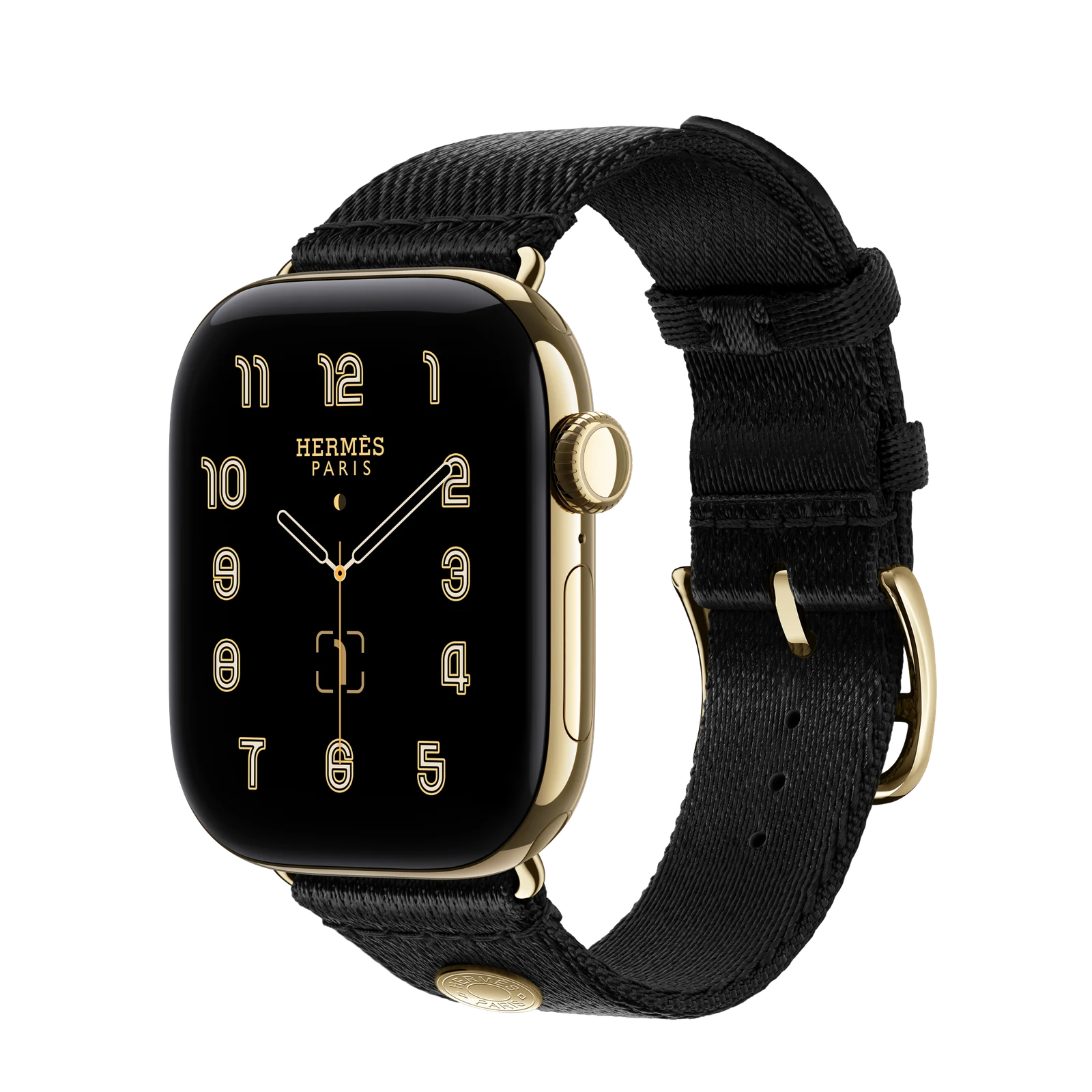 Apple Watch Hermès Series 12 42mm Radiant Gold Titanium case with Noir Satin Clou de Selle — side view