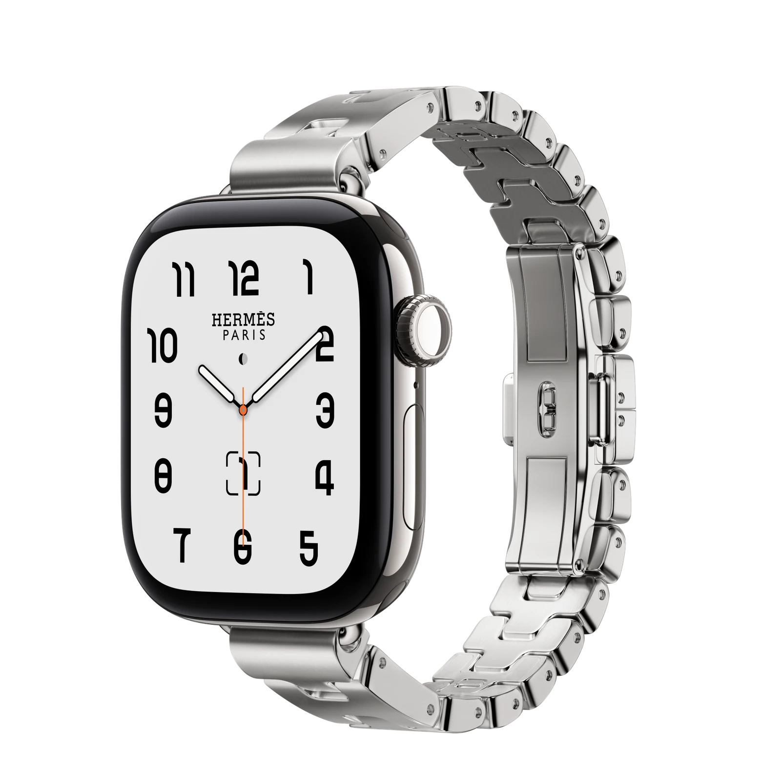Apple Watch Hermès Series 12 42mm Silver Titanium case with Satiné Grand H Fin — side view