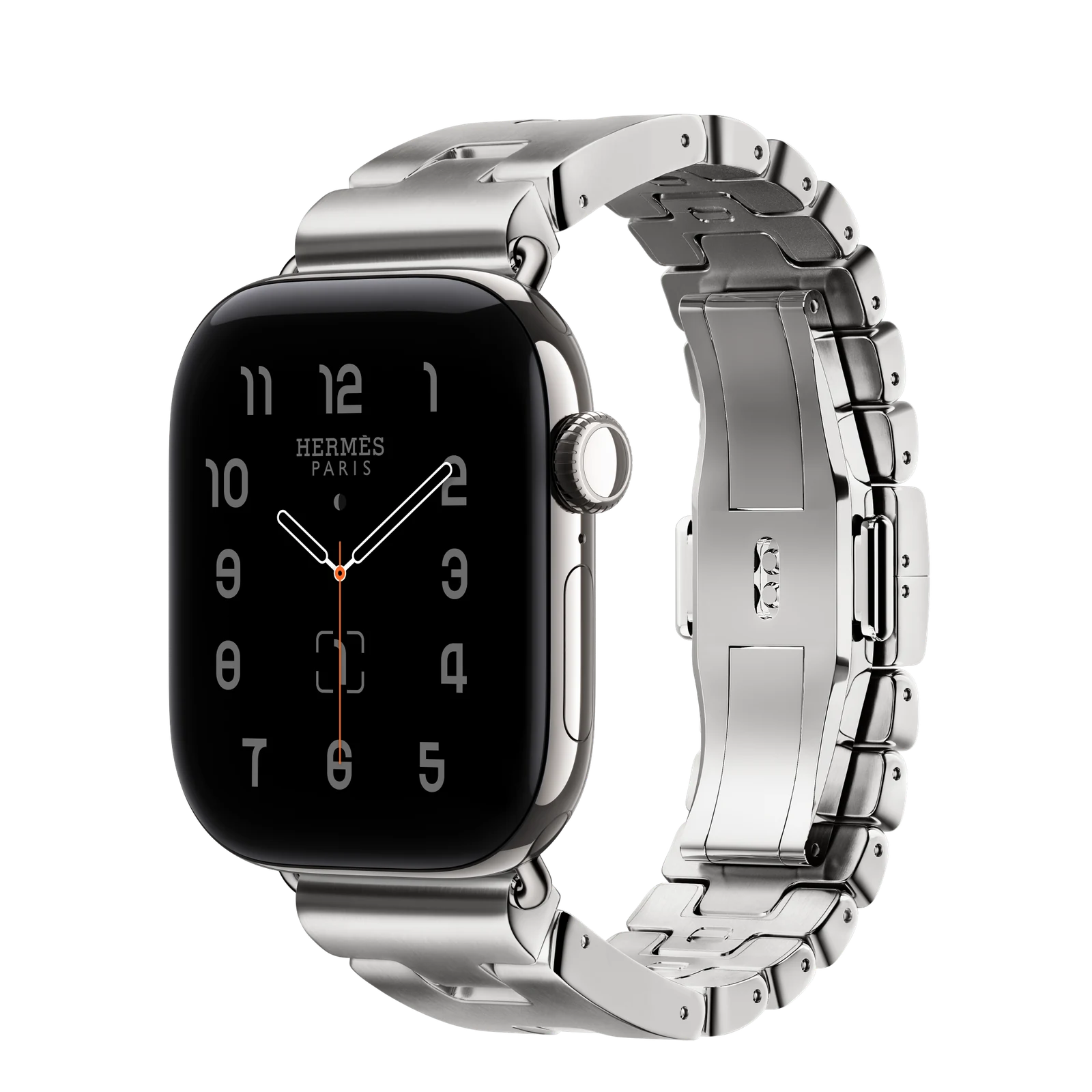 Apple Watch Hermès Series 12 42mm Silver Titanium case with Satiné Grand H — side view