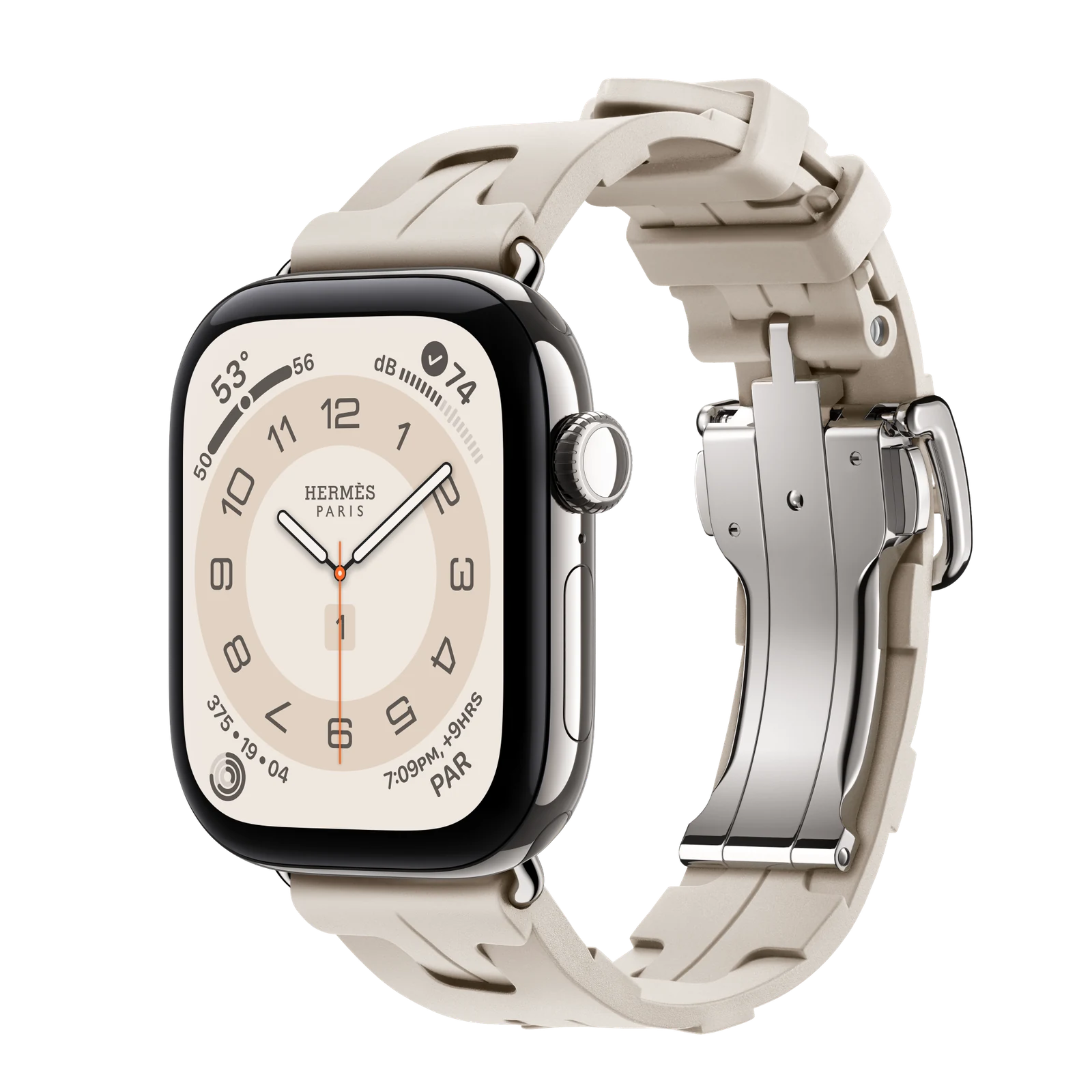 Apple Watch Hermès Series 12 42mm Silver Titanium case with Béton Kilim Single Tour — side view