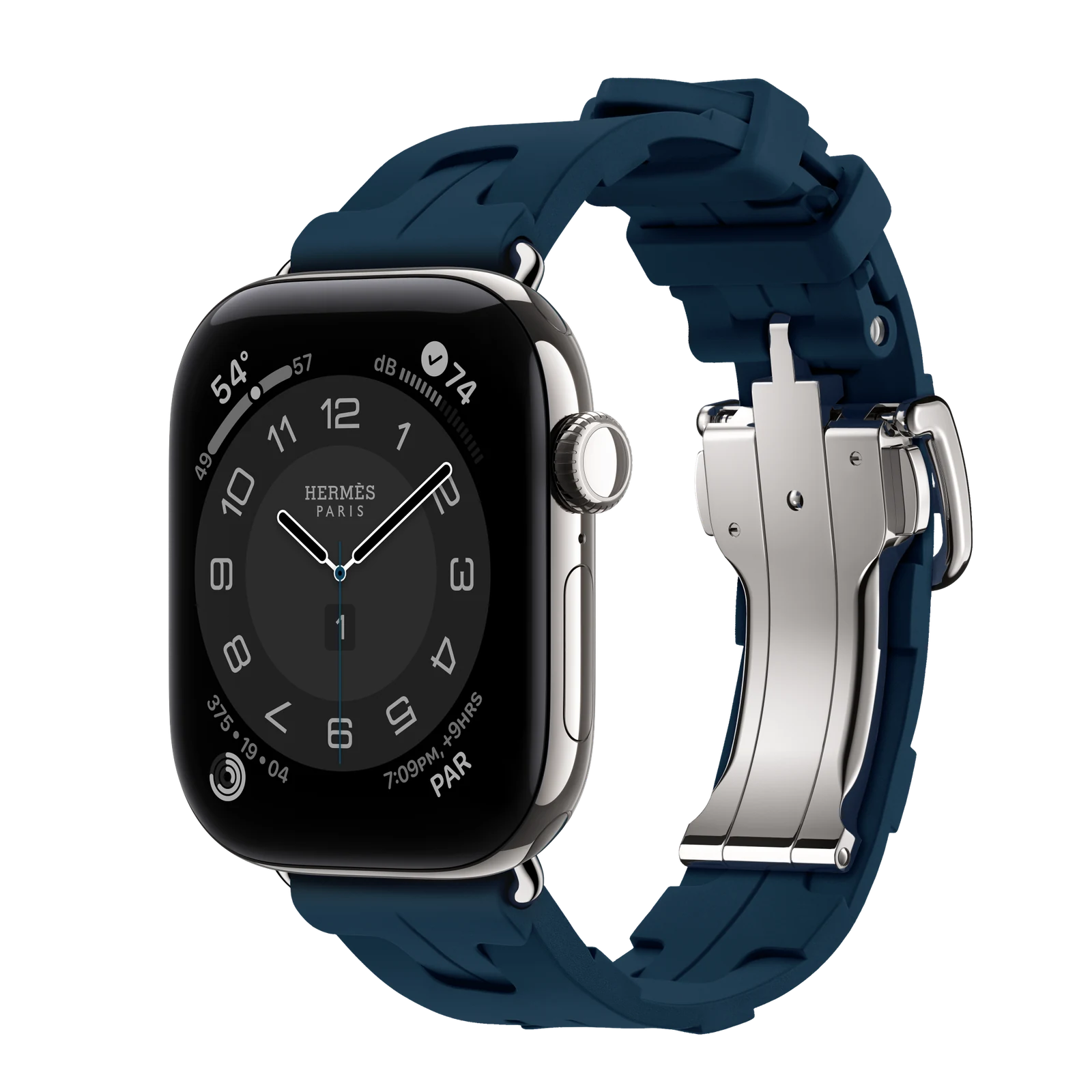 Apple Watch Hermès Series 12 42mm Silver Titanium case with Bleu De Malte Kilim Single Tour — side view