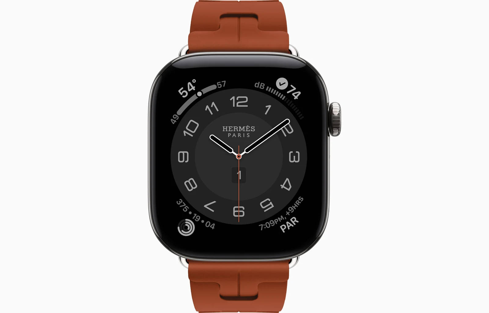 Apple Watch Hermès Series 12 42mm Silver Titanium case with Cuivre Kilim Single Tour — front view