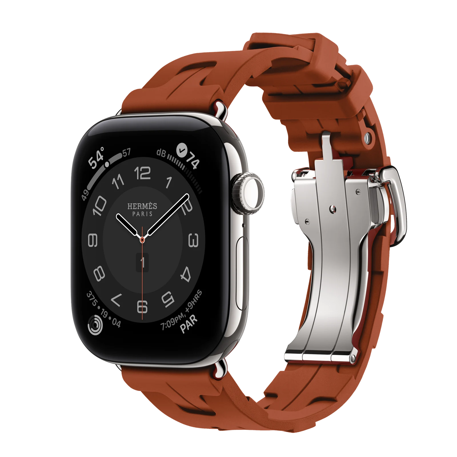 Apple Watch Hermès Series 12 42mm Silver Titanium case with Cuivre Kilim Single Tour — side view
