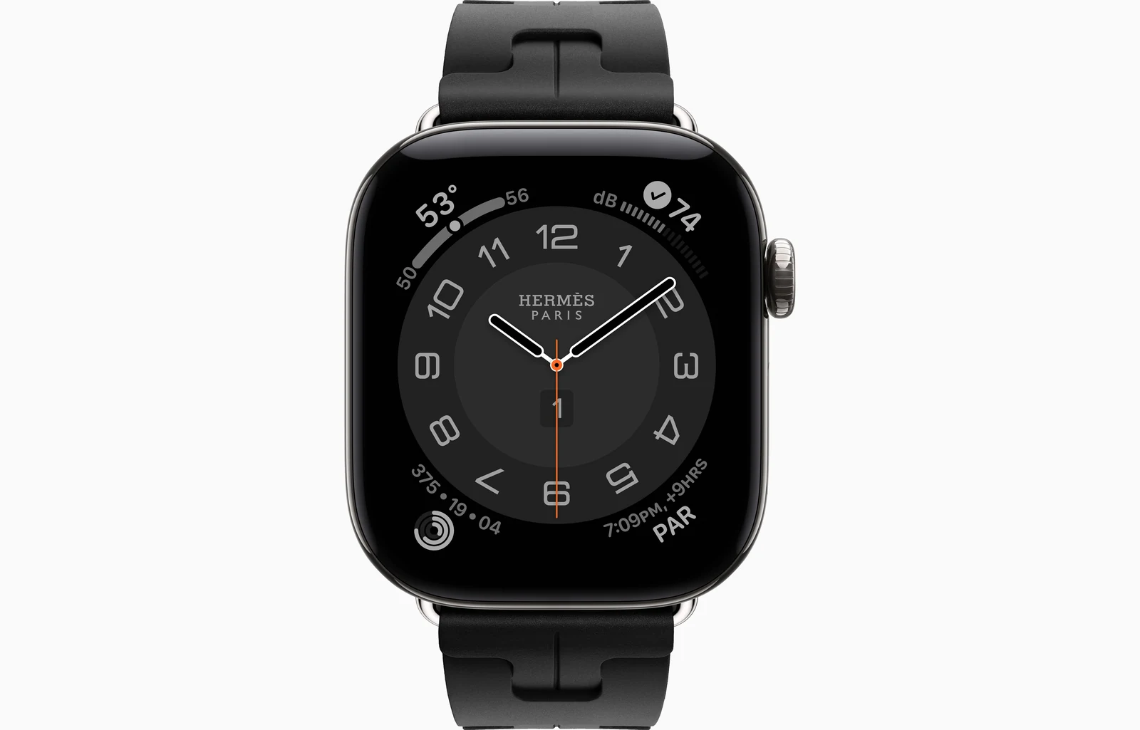 Apple Watch Hermès Series 12 42mm Silver Titanium case with Noir Kilim Single Tour — front view
