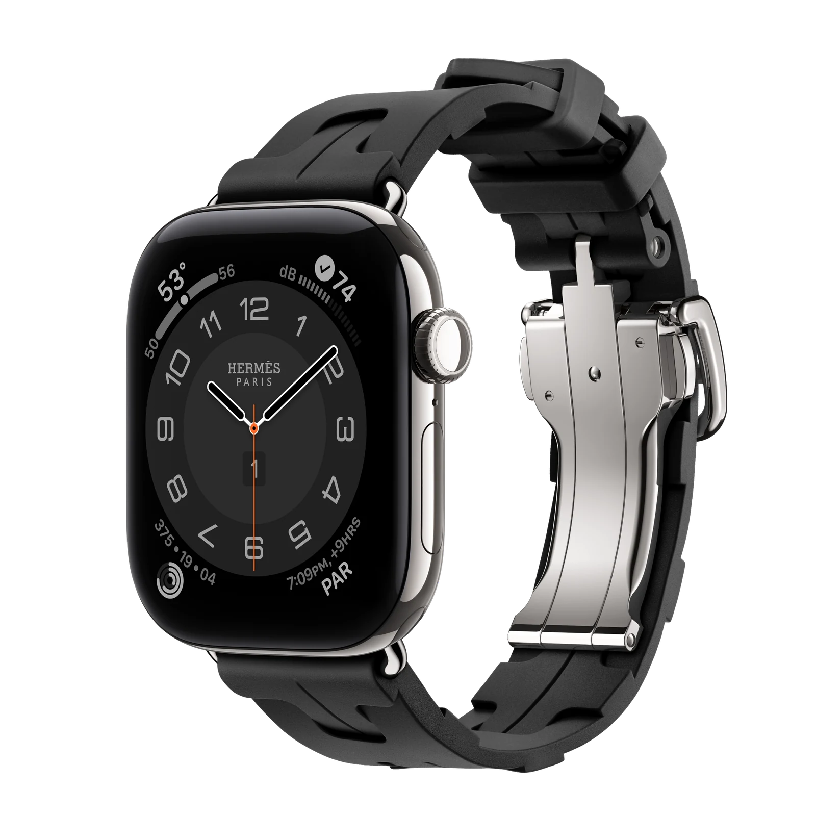 Apple Watch Hermès Series 12 42mm Silver Titanium case with Noir Kilim Single Tour — side view