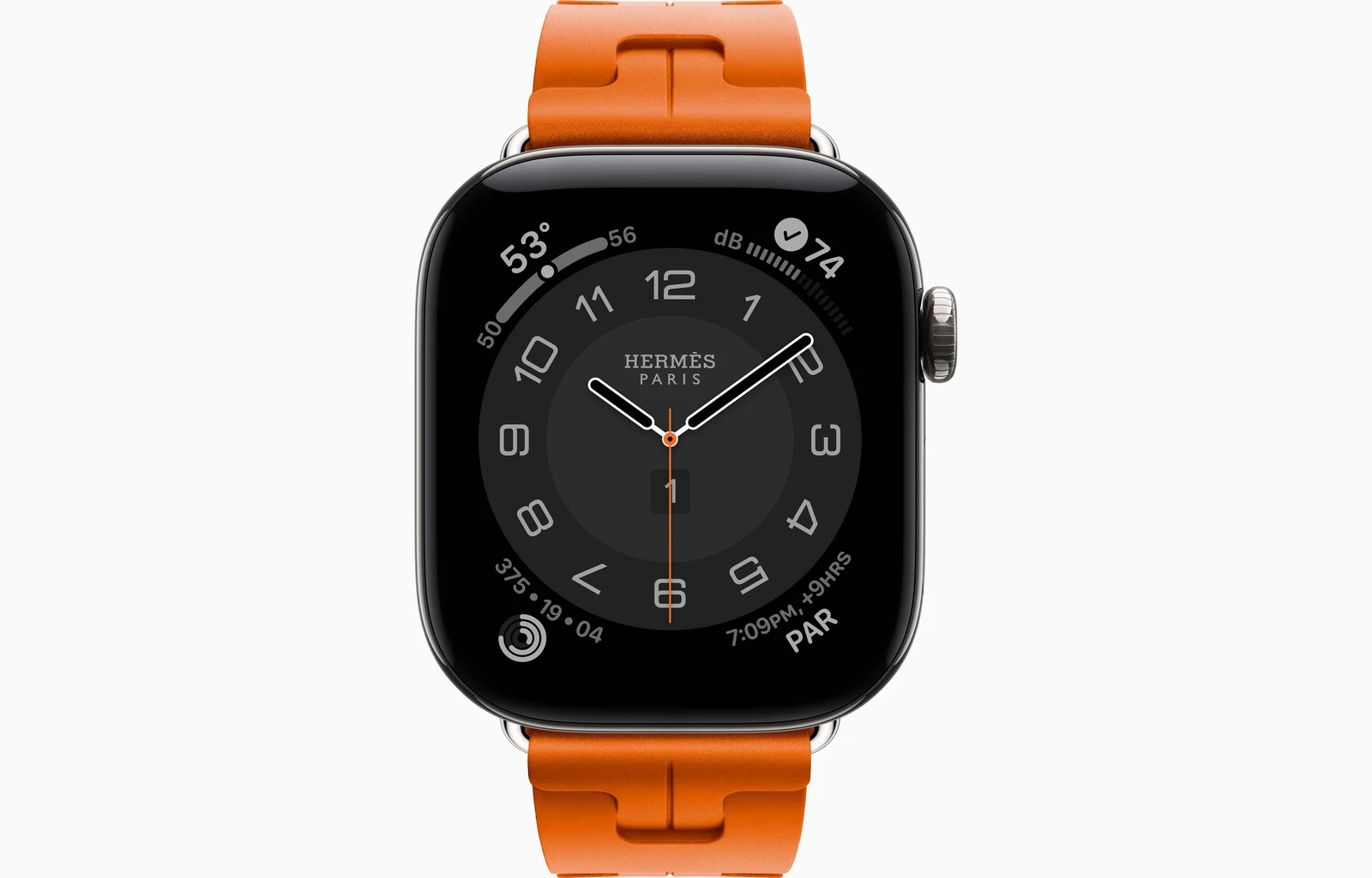 Apple Watch Hermès Series 12 42mm Silver Titanium case with Orange Kilim Single Tour — front view