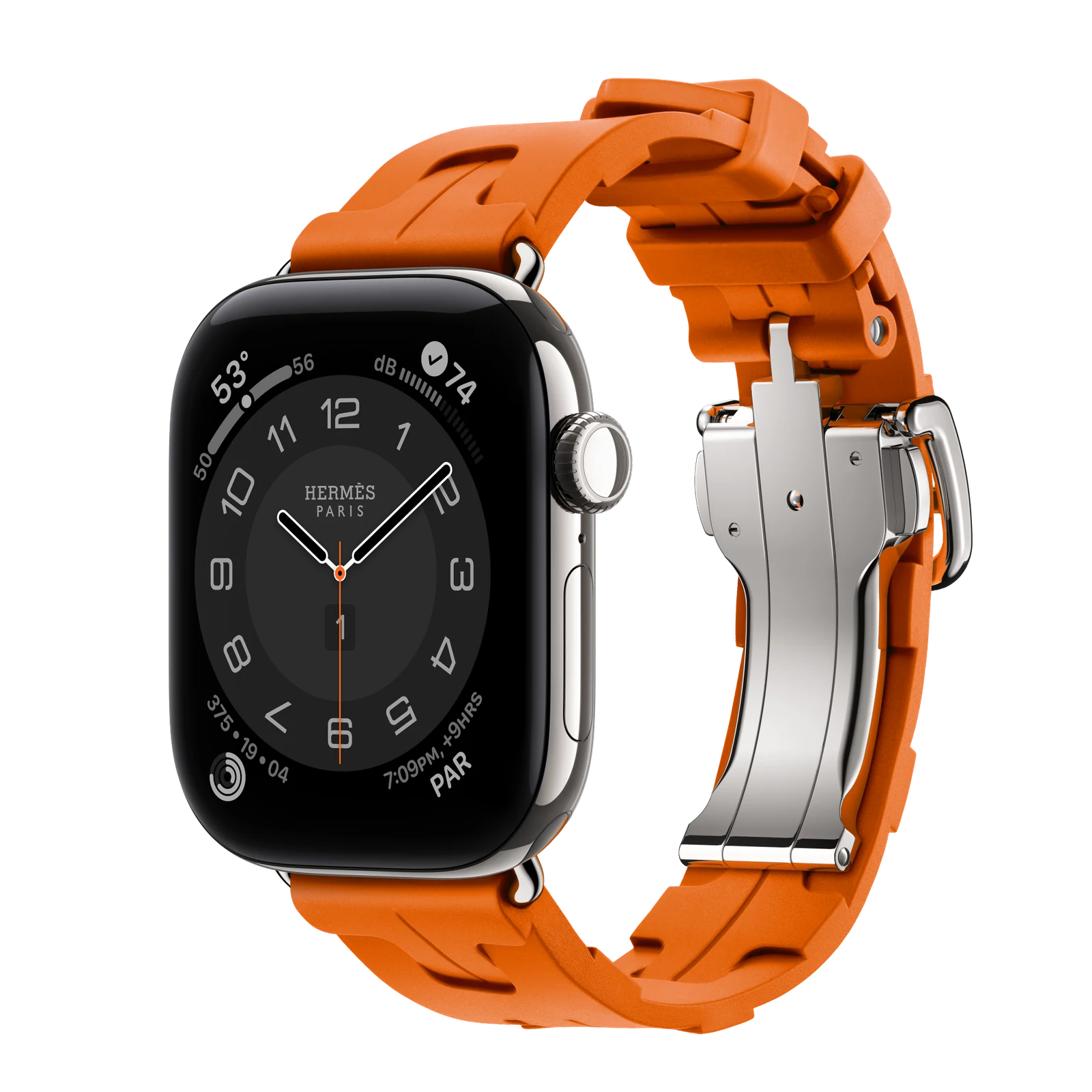 Apple Watch Hermès Series 12 42mm Silver Titanium case with Orange Kilim Single Tour — side view