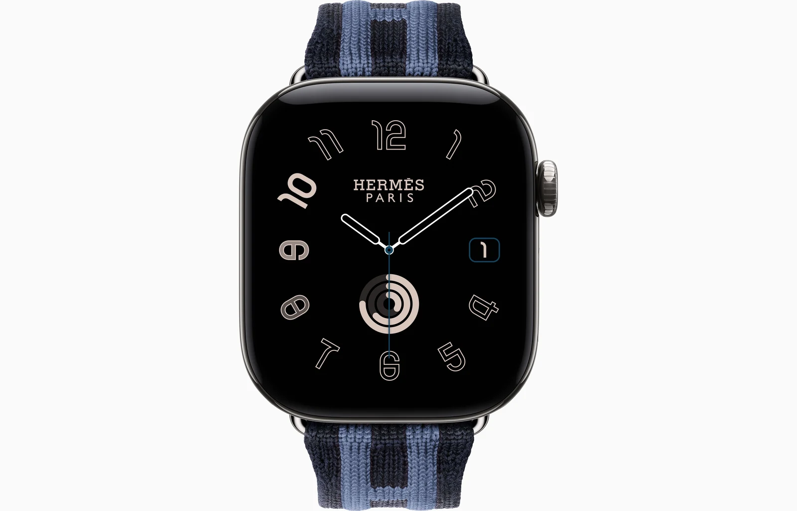 Apple Watch Hermès Series 12 42mm Silver Titanium case with Bleu Nuit/Bleu Brighton Rocabar Club — front view