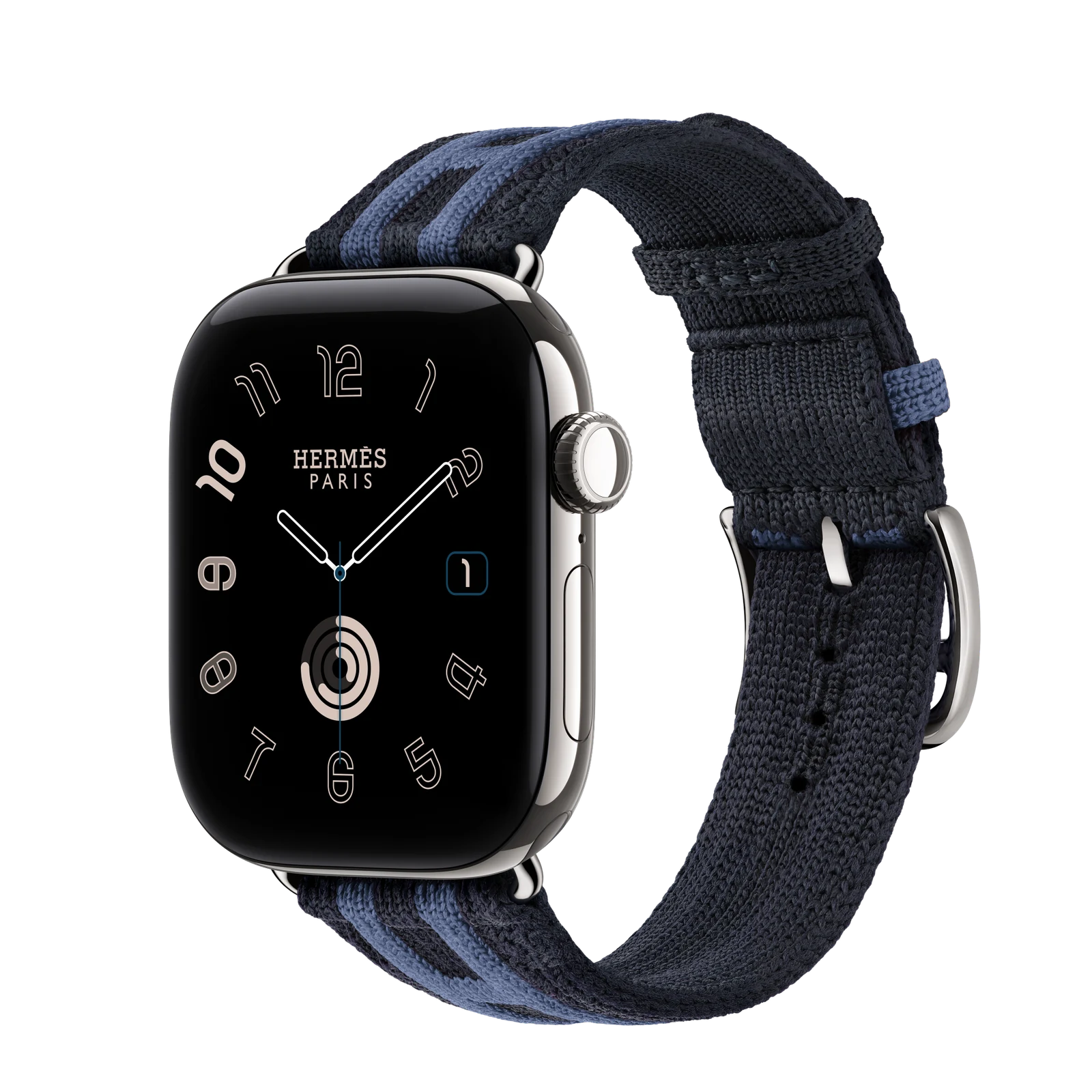 Apple Watch Hermès Series 12 42mm Silver Titanium case with Bleu Nuit/Bleu Brighton Rocabar Club — side view