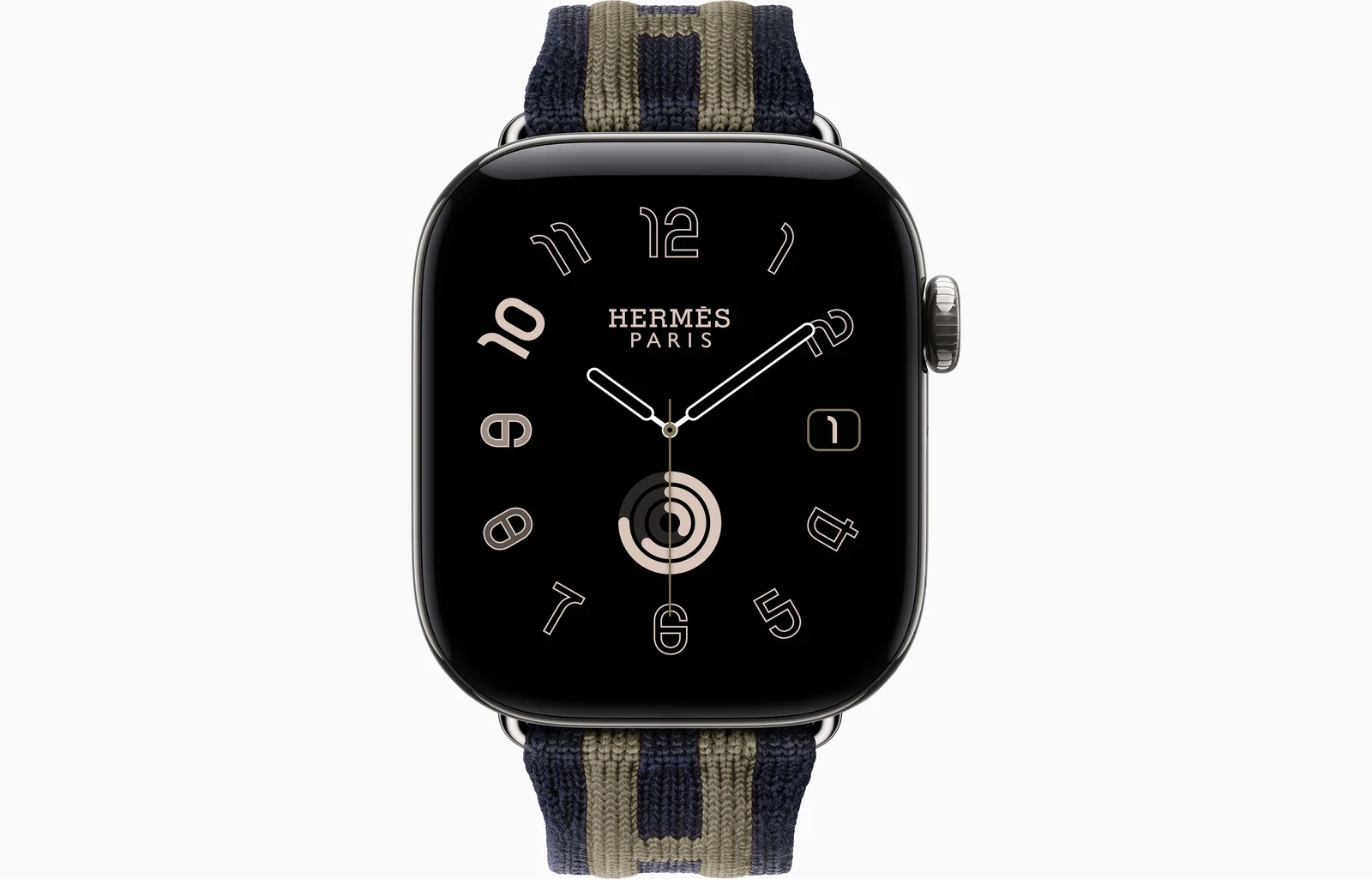 Apple Watch Hermès Series 12 42mm Silver Titanium case with Bleu Nuit/Gris Titane Rocabar Club — front view