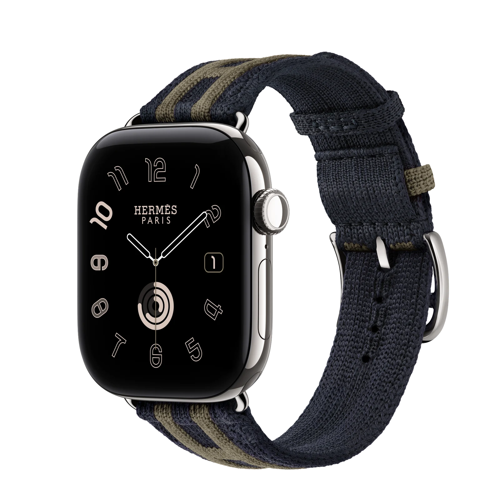 Apple Watch Hermès Series 12 42mm Silver Titanium case with Bleu Nuit/Gris Titane Rocabar Club — side view