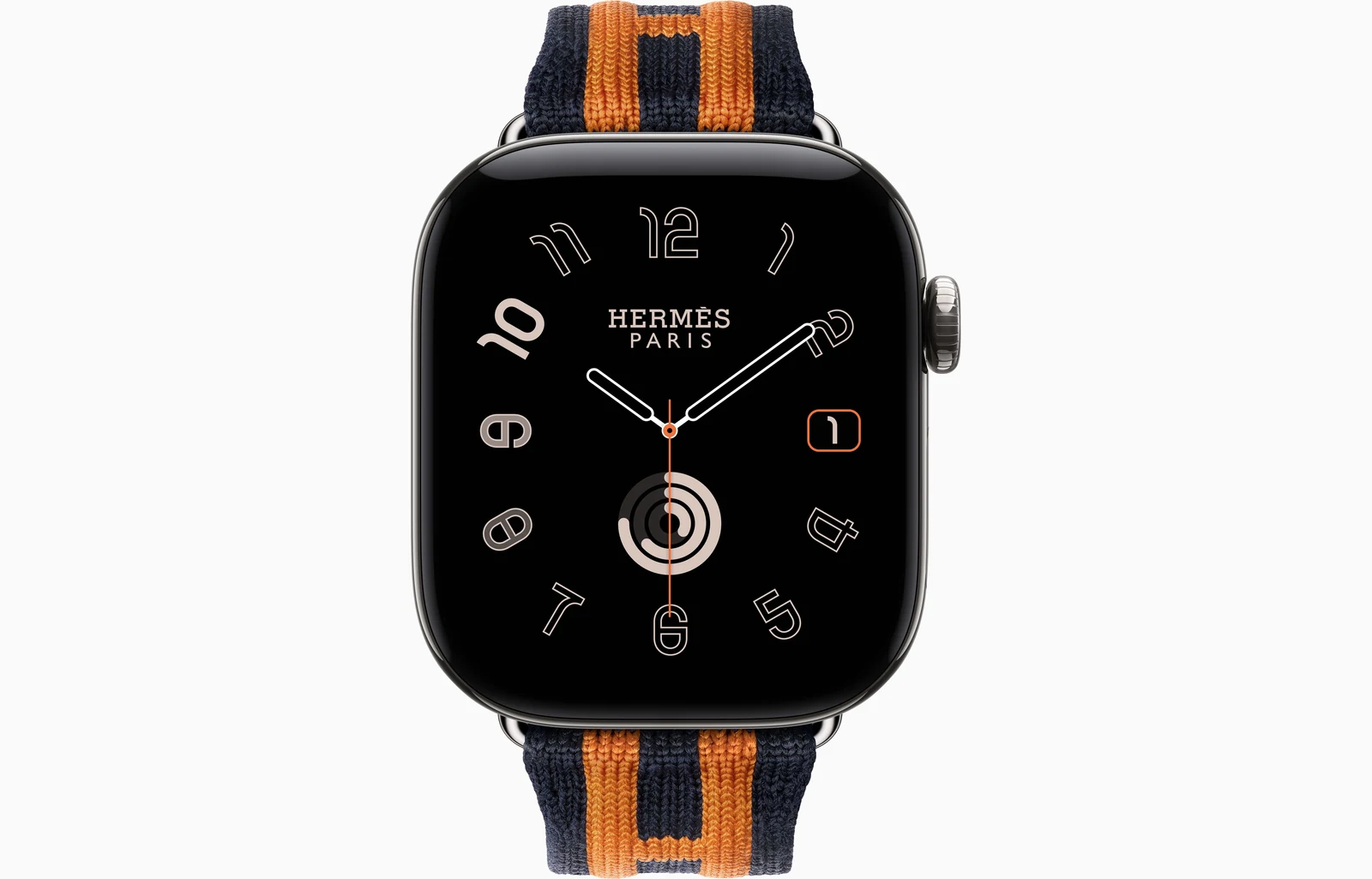 Apple Watch Hermès Series 12 42mm Silver Titanium case with Bleu Nuit/Orange Rocabar Club — front view
