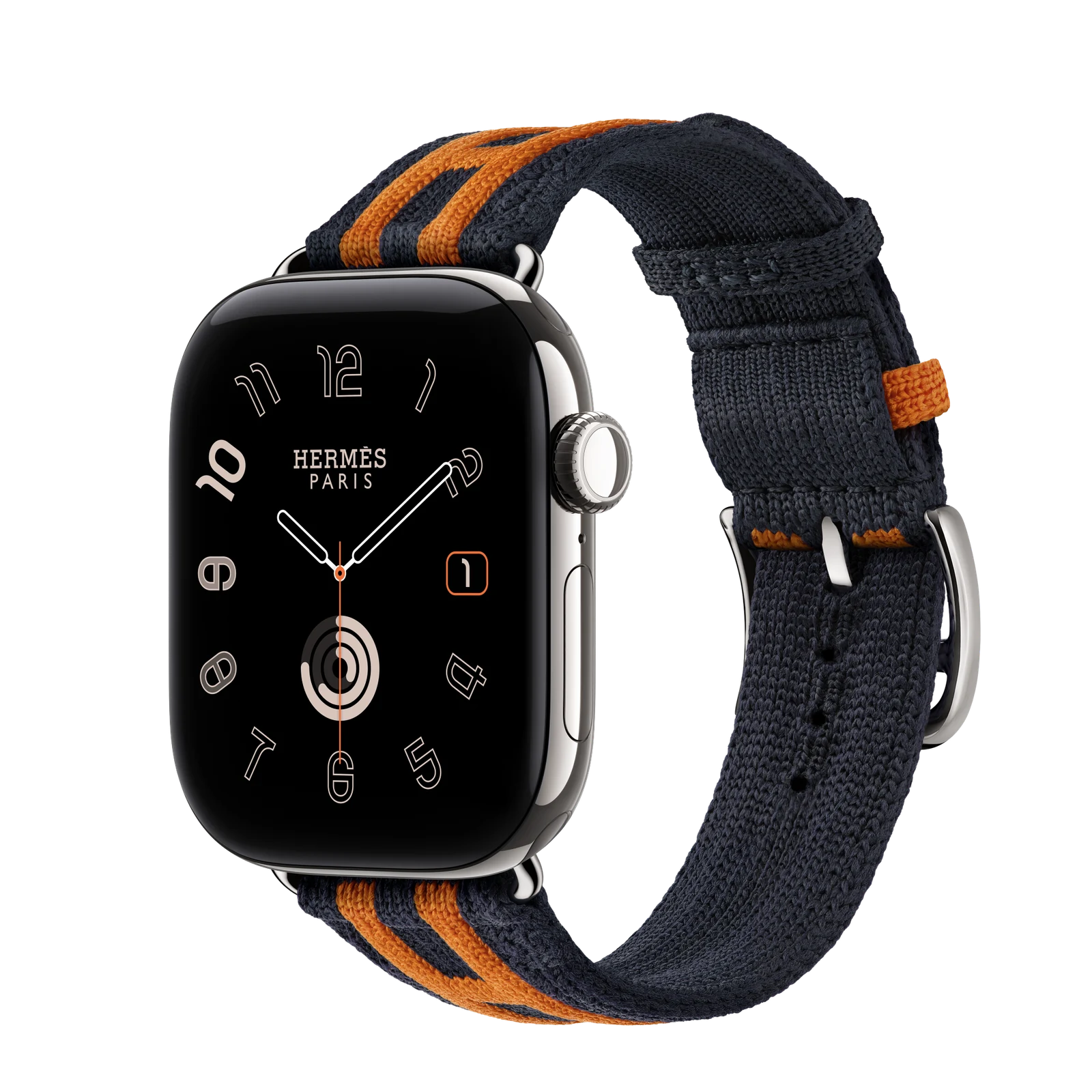 Apple Watch Hermès Series 12 42mm Silver Titanium case with Bleu Nuit/Orange Rocabar Club — side view