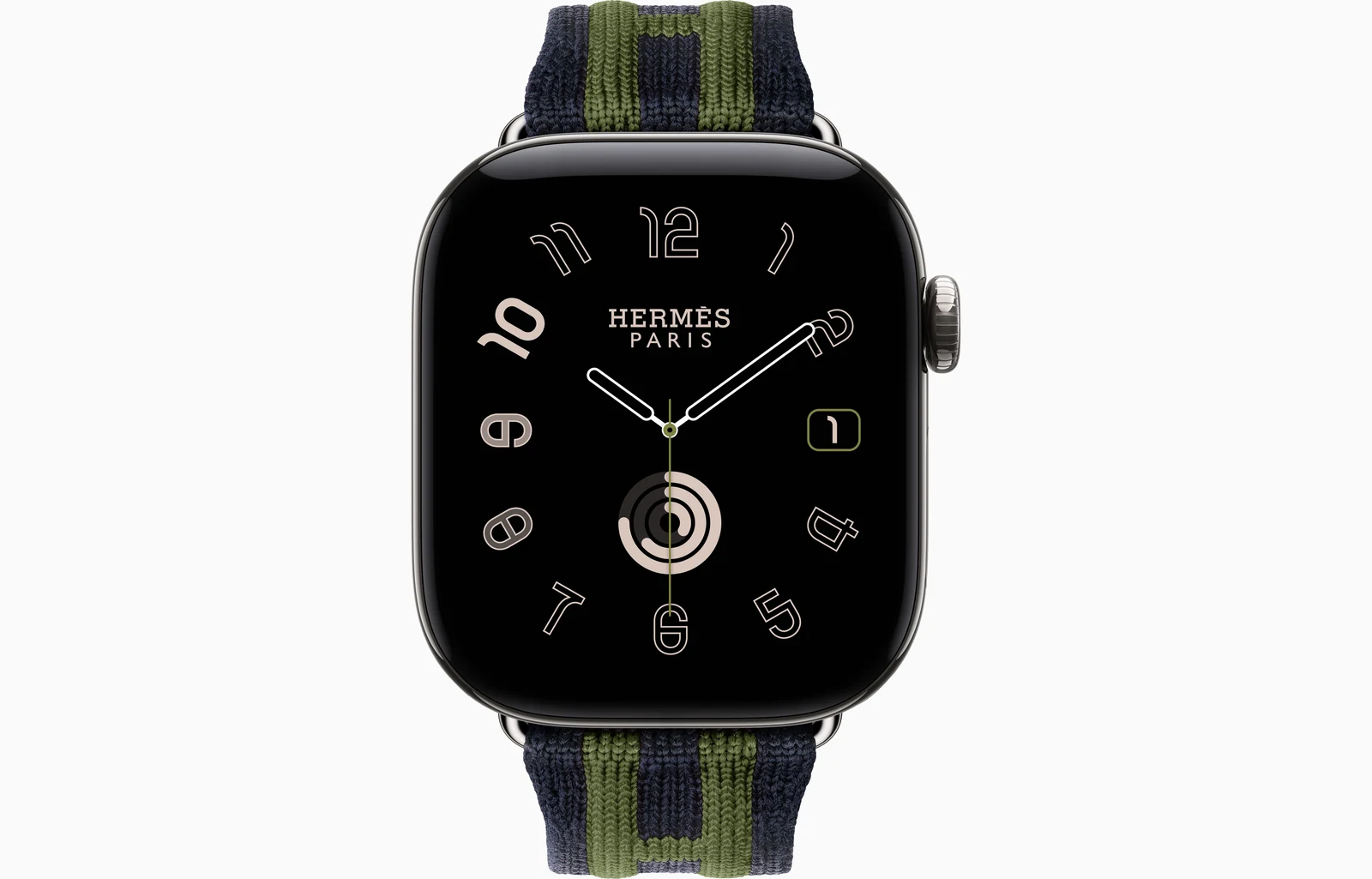Apple Watch Hermès Series 12 42mm Silver Titanium case with Bleu Nuit/Vert Rocabar Club — front view