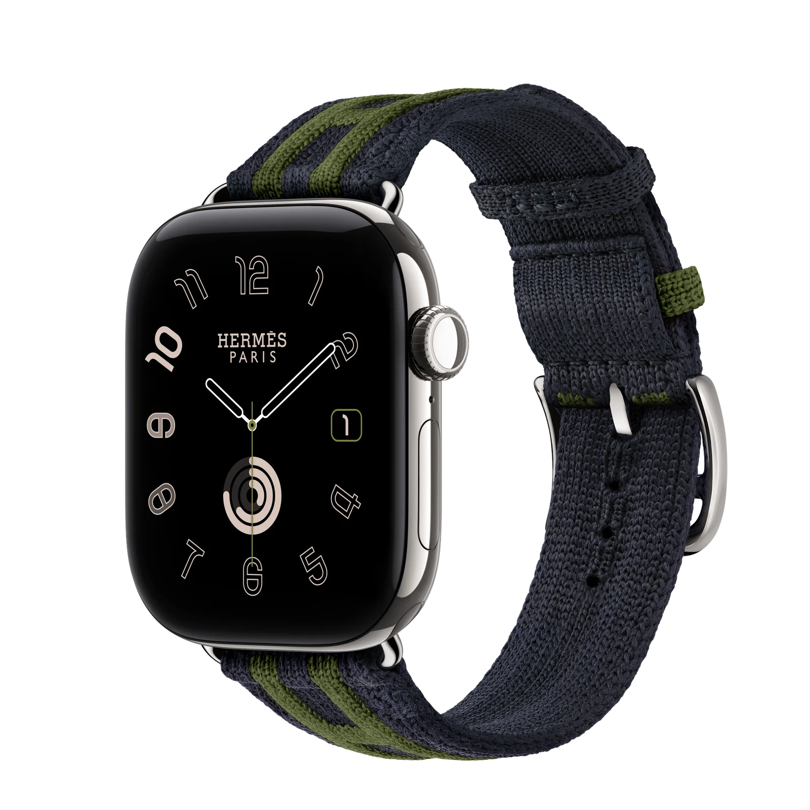 Apple Watch Hermès Series 12 42mm Silver Titanium case with Bleu Nuit/Vert Rocabar Club — side view
