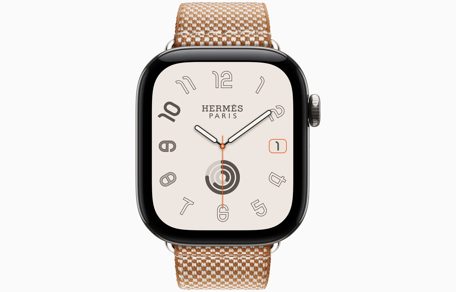Apple Watch Hermès Series 12 42mm Silver Titanium case with Gold/Écru Toile H Single Tour — front view