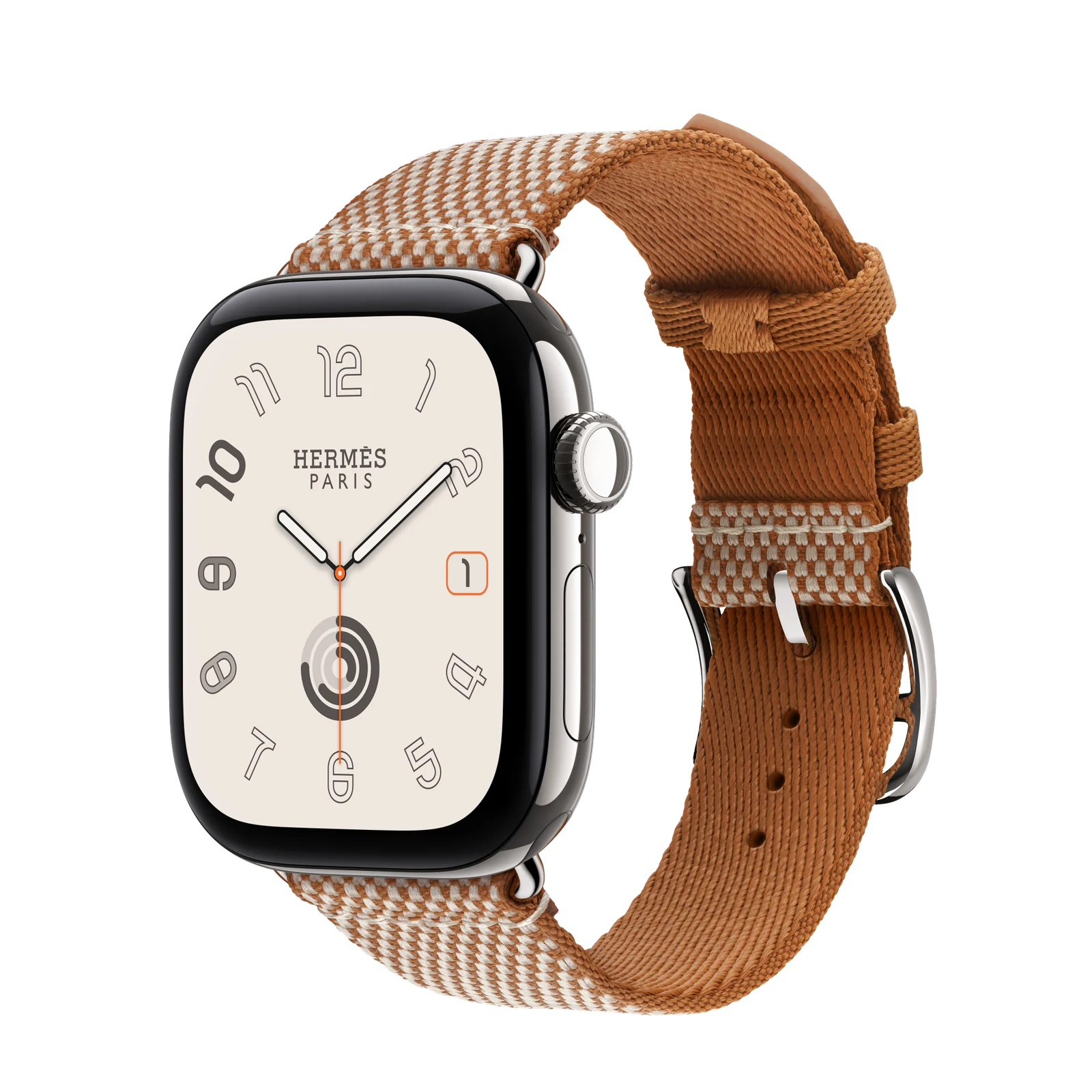 Apple Watch Hermès Series 12 42mm Silver Titanium case with Gold/Écru Toile H Single Tour — side view