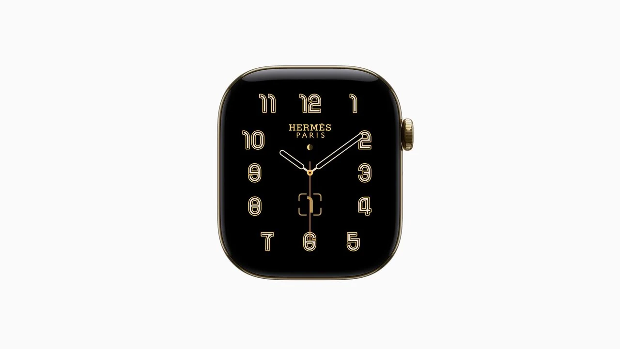 Apple Watch Hermès Series 12 46mm Radiant Gold Titanium case and display — front view