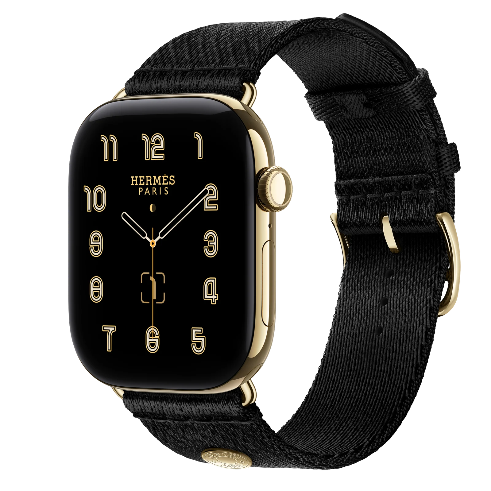 Apple Watch Hermès Series 12 46mm Radiant Gold Titanium case with Noir Satin Clou de Selle — side view