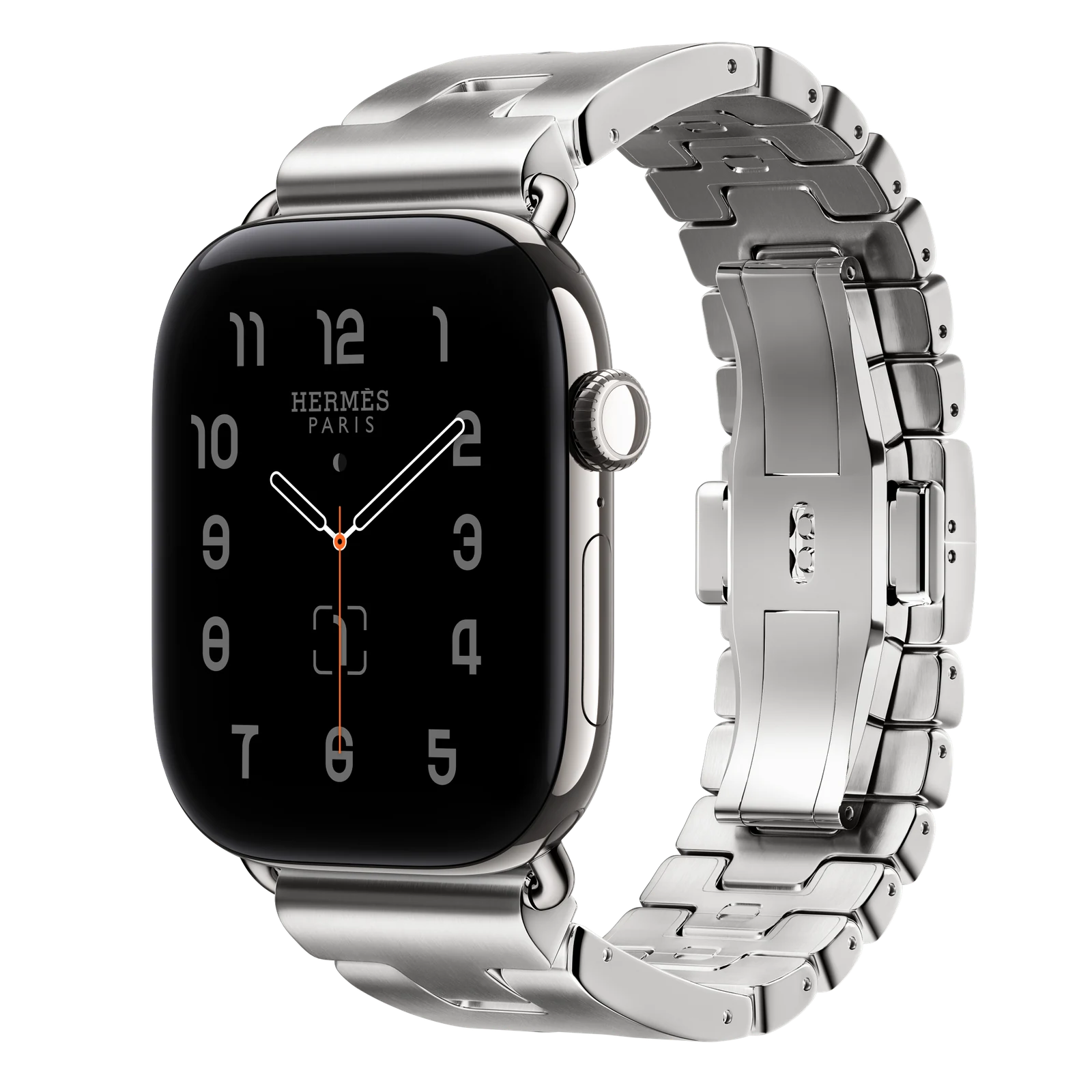 Apple Watch Hermès Series 12 46mm Silver Titanium case with Satiné Grand H — side view