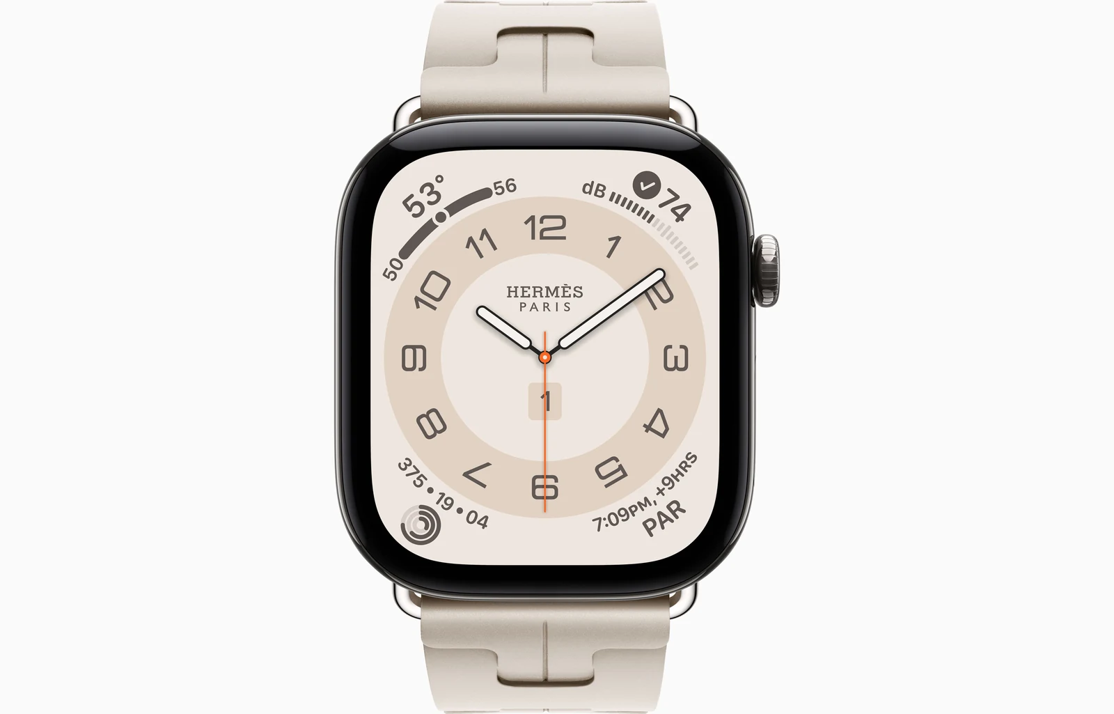 Apple Watch Hermès Series 12 46mm Silver Titanium case with Béton Kilim Single Tour — front view