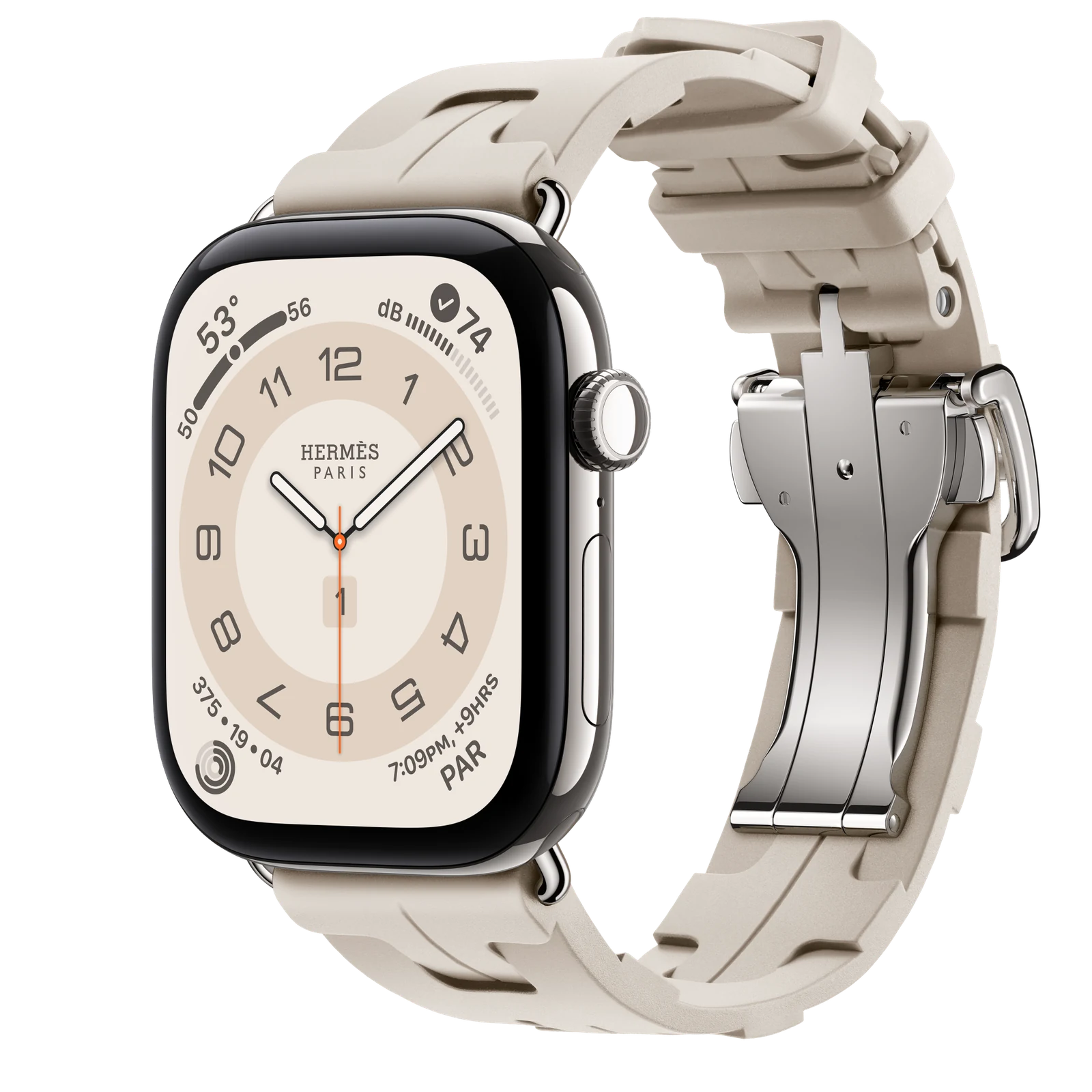 Apple Watch Hermès Series 12 46mm Silver Titanium case with Béton Kilim Single Tour — side view