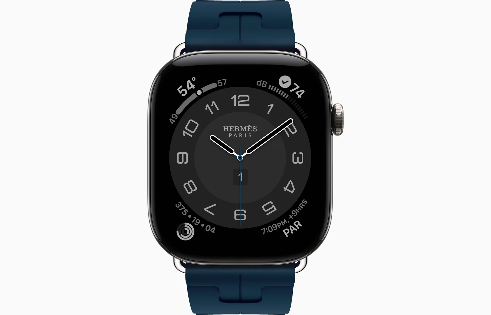 Apple Watch Hermès Series 12 46mm Silver Titanium case with Bleu De Malte Kilim Single Tour — front view