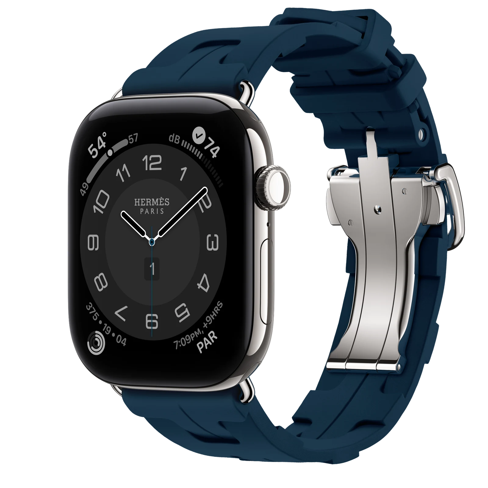 Apple Watch Hermès Series 12 46mm Silver Titanium case with Bleu De Malte Kilim Single Tour — side view