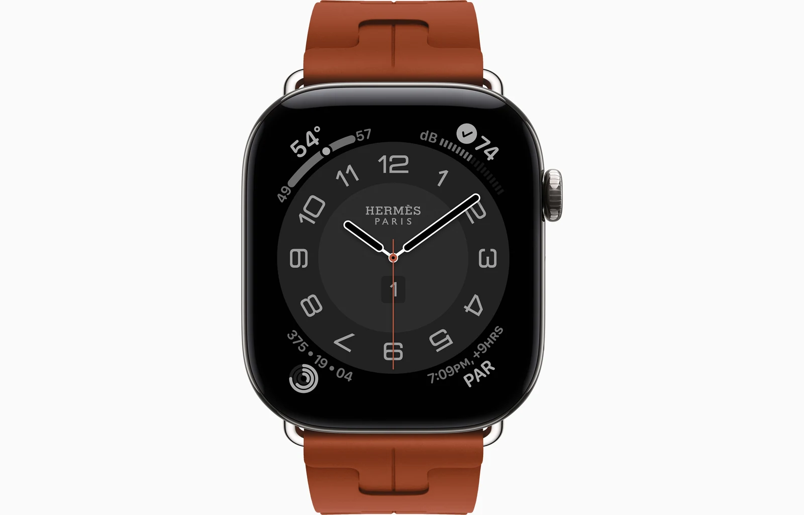 Apple Watch Hermès Series 12 46mm Silver Titanium case with Cuivre Kilim Single Tour — front view