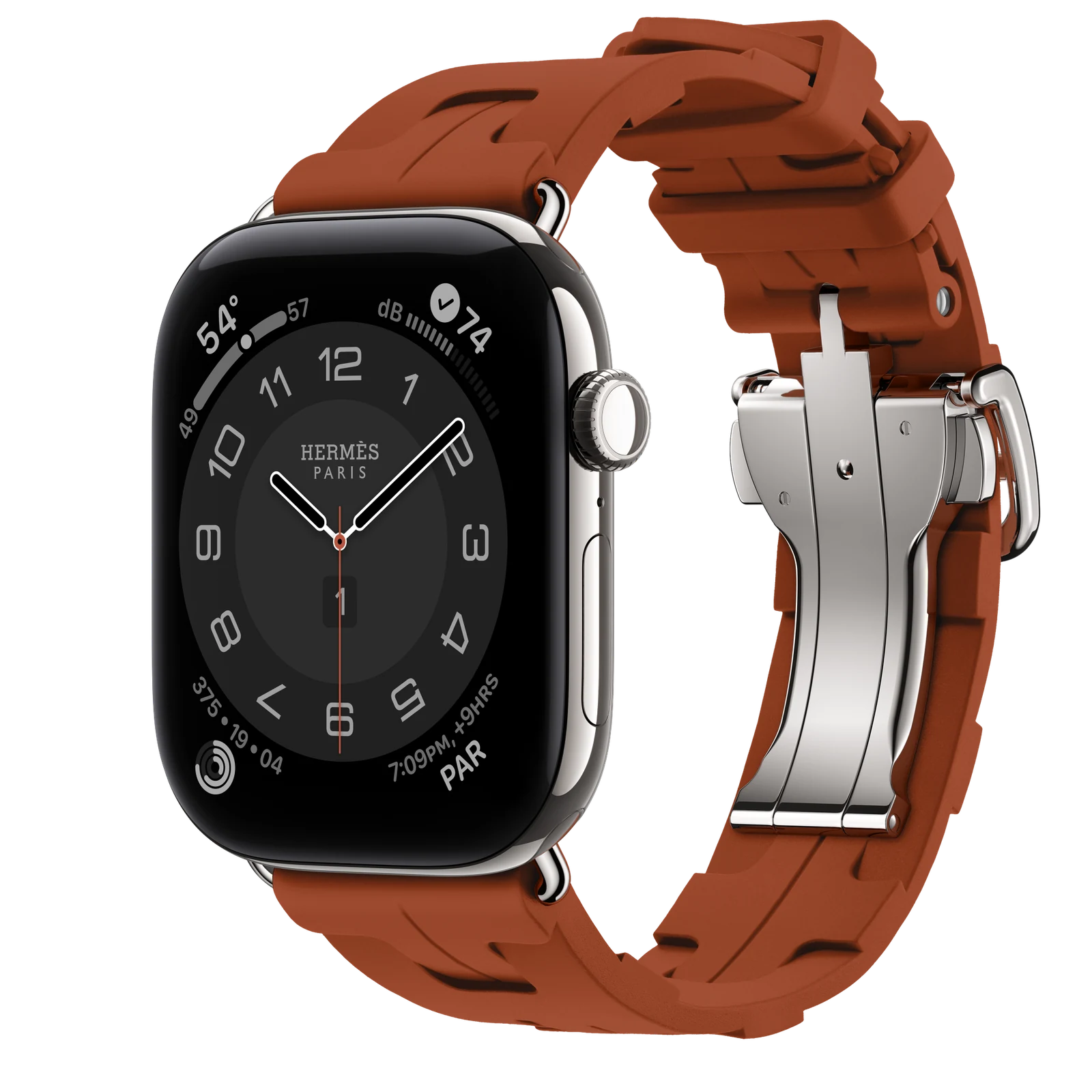 Apple Watch Hermès Series 12 46mm Silver Titanium case with Cuivre Kilim Single Tour — side view