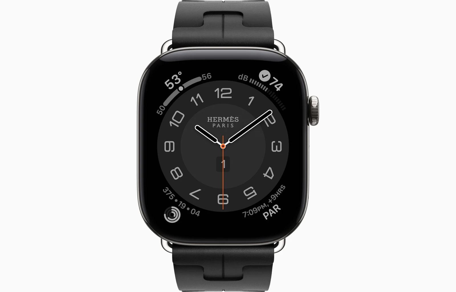 Apple Watch Hermès Series 12 46mm Silver Titanium case with Noir Kilim Single Tour — front view