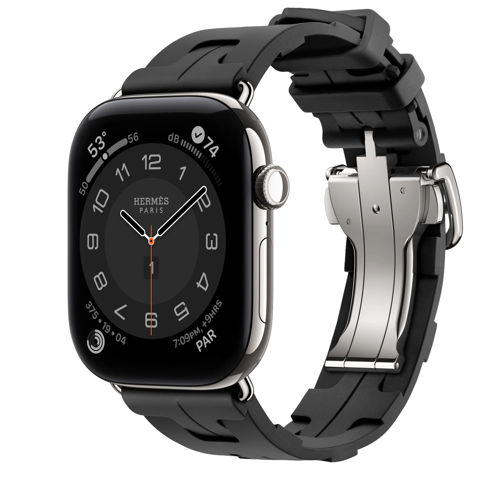Apple Watch Hermès Series 12 46mm Silver Titanium case with Noir Kilim Single Tour — side view