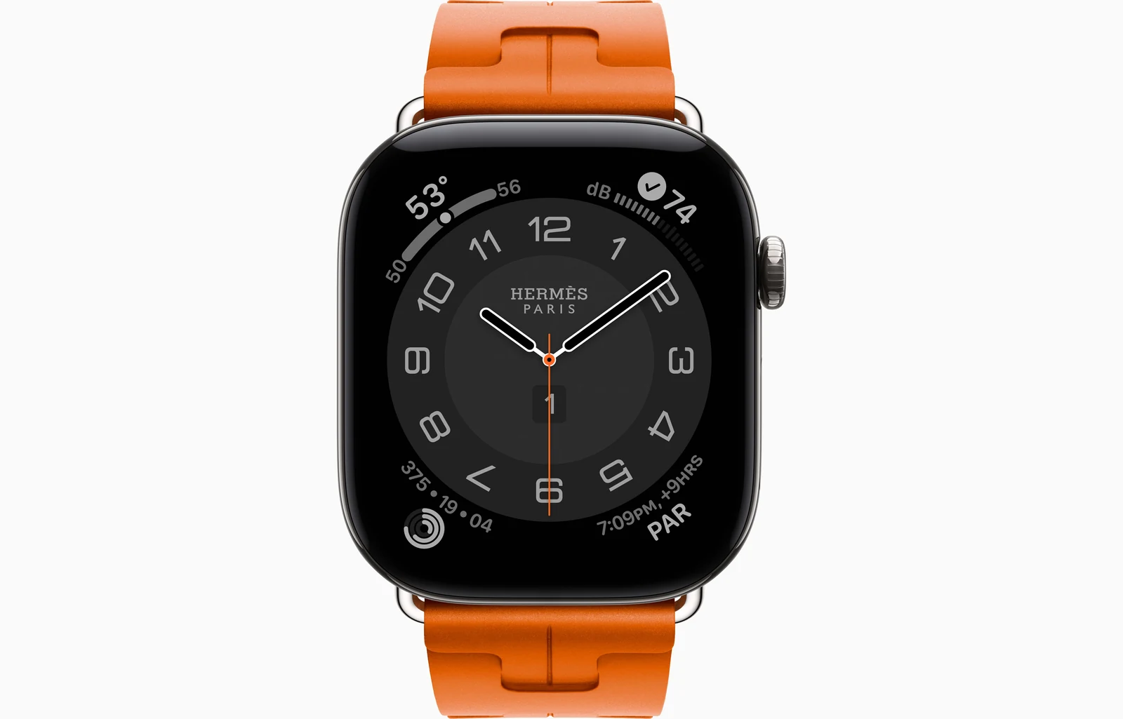 Apple Watch Hermès Series 12 46mm Silver Titanium case with Orange Kilim Single Tour — front view