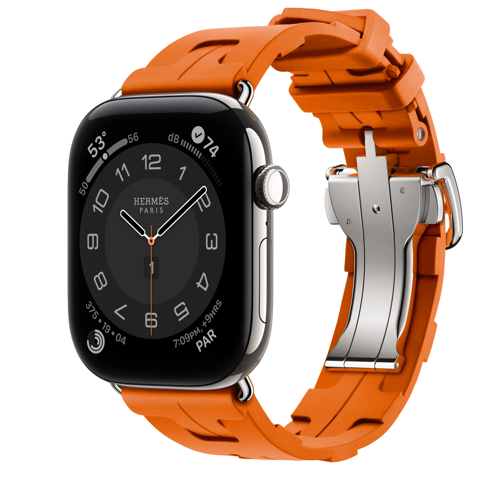 Apple Watch Hermès Series 12 46mm Silver Titanium case with Orange Kilim Single Tour — side view