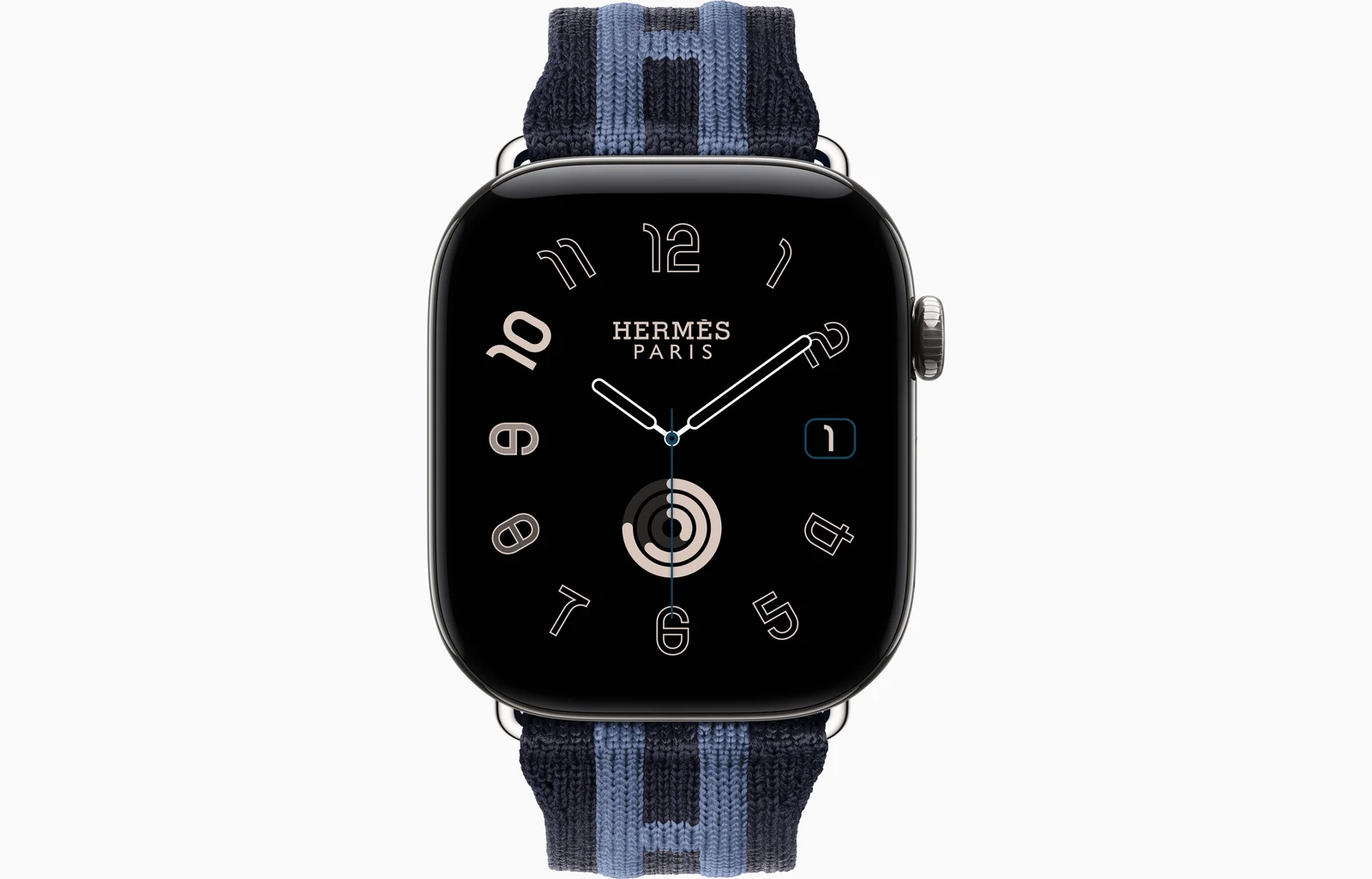 Apple Watch Hermès Series 12 46mm Silver Titanium case with Bleu Nuit/Bleu Brighton Rocabar Club — front view