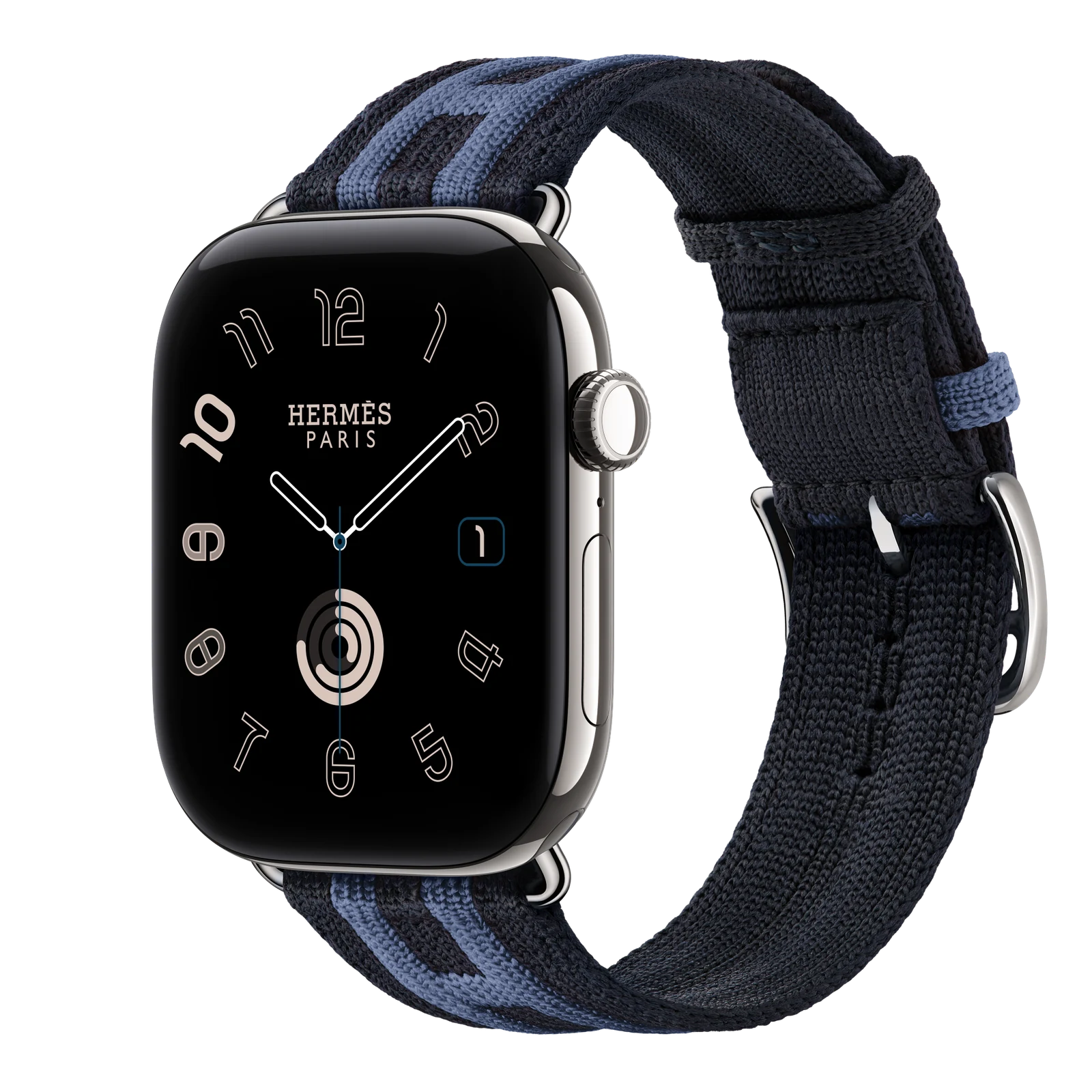 Apple Watch Hermès Series 12 46mm Silver Titanium case with Bleu Nuit/Bleu Brighton Rocabar Club — side view