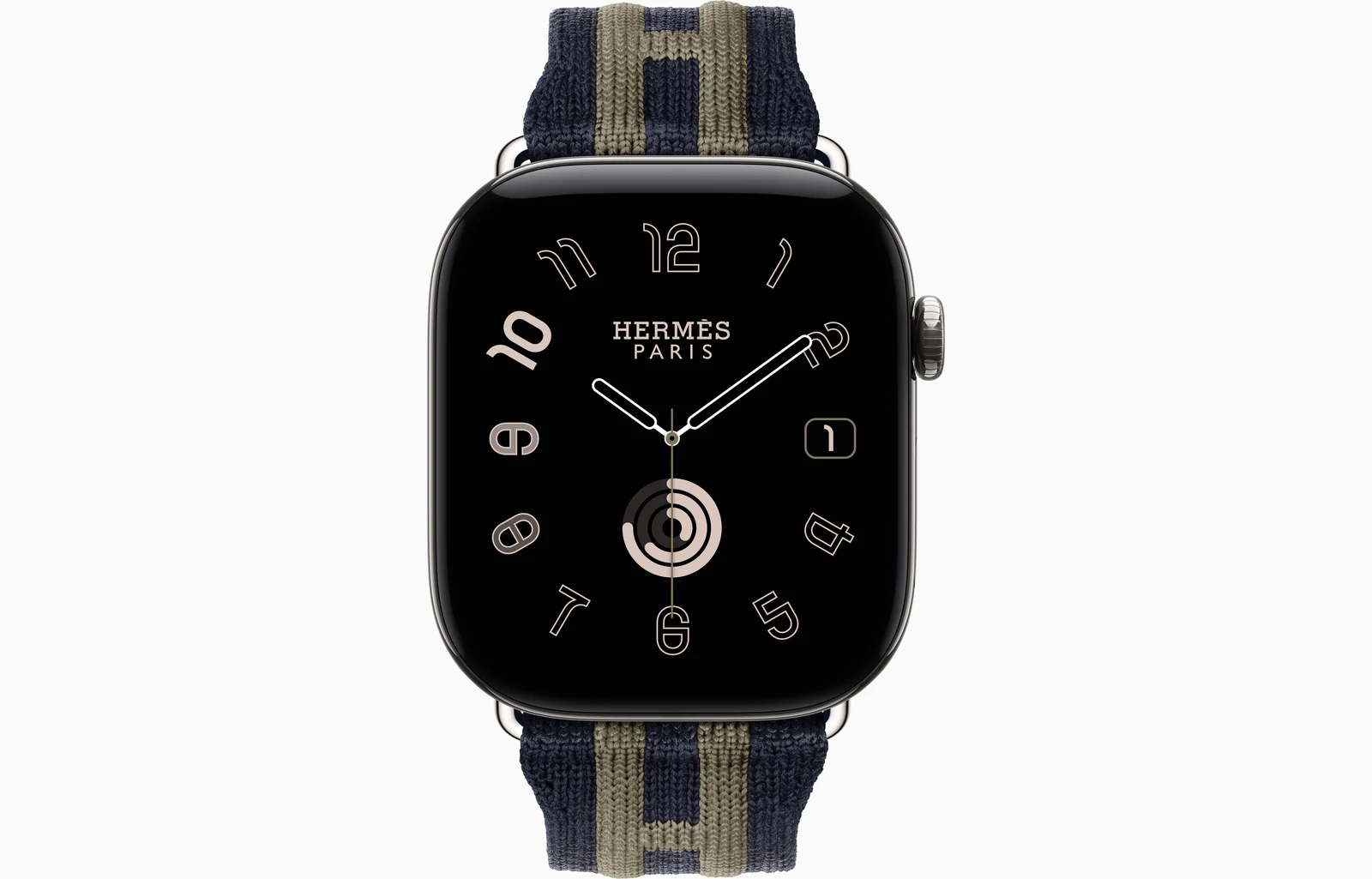 Apple Watch Hermès Series 12 46mm Silver Titanium case with Bleu Nuit/Gris Titane Rocabar Club — front view