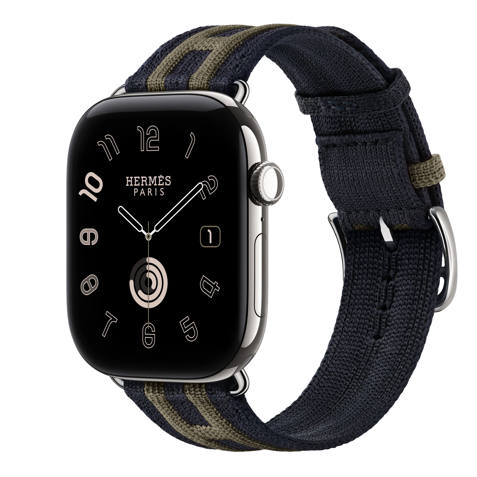 Apple Watch Hermès Series 12 46mm Silver Titanium case with Bleu Nuit/Gris Titane Rocabar Club — side view