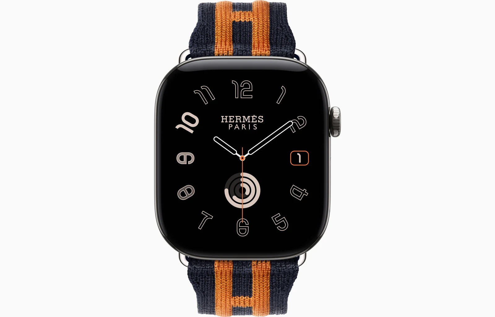 Apple Watch Hermès Series 12 46mm Silver Titanium case with Bleu Nuit/Orange Rocabar Club — front view