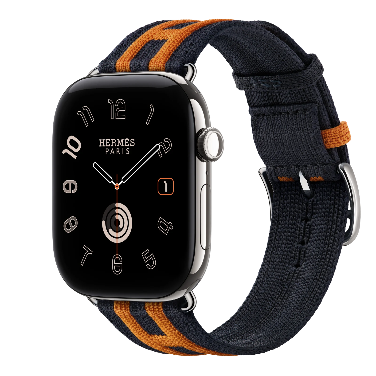 Apple Watch Hermès Series 12 46mm Silver Titanium case with Bleu Nuit/Orange Rocabar Club — side view