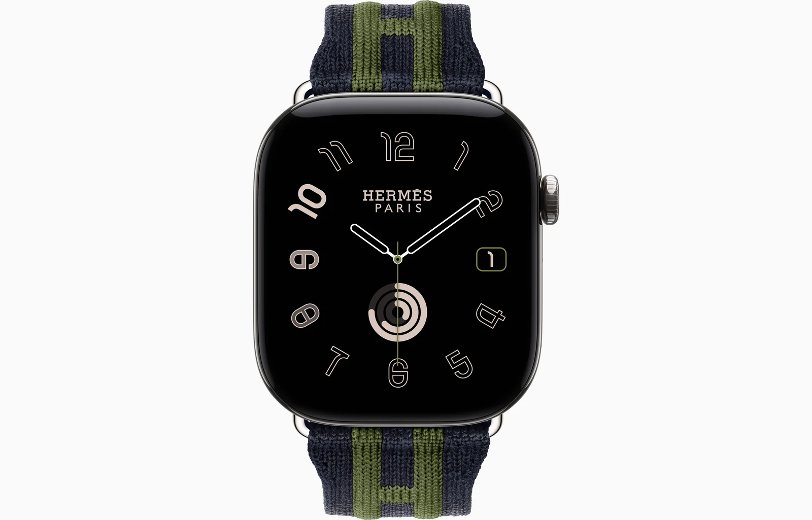 Apple Watch Hermès Series 12 46mm Silver Titanium case with Bleu Nuit/Vert Rocabar Club — front view