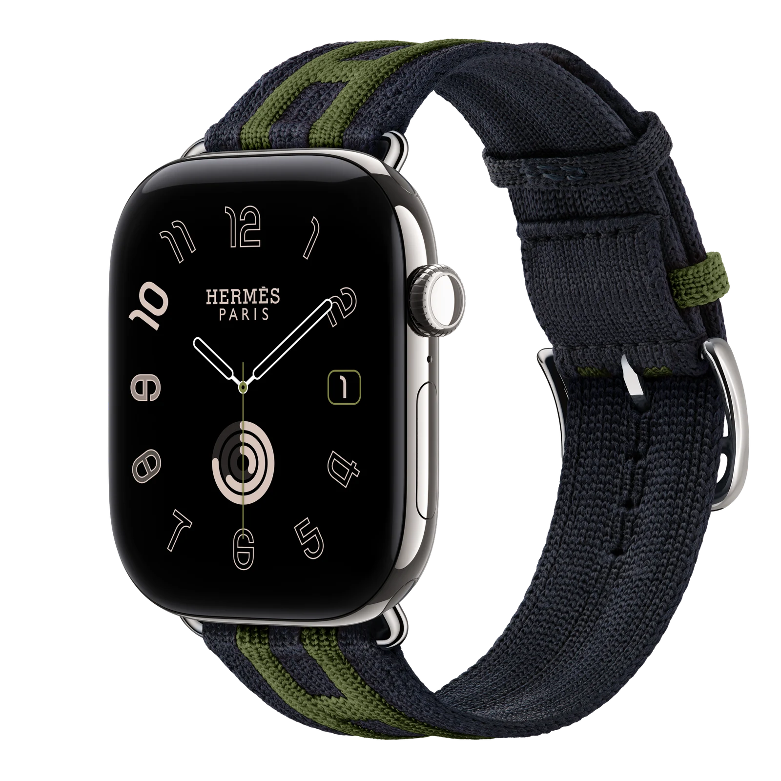 Apple Watch Hermès Series 12 46mm Silver Titanium case with Bleu Nuit/Vert Rocabar Club — side view