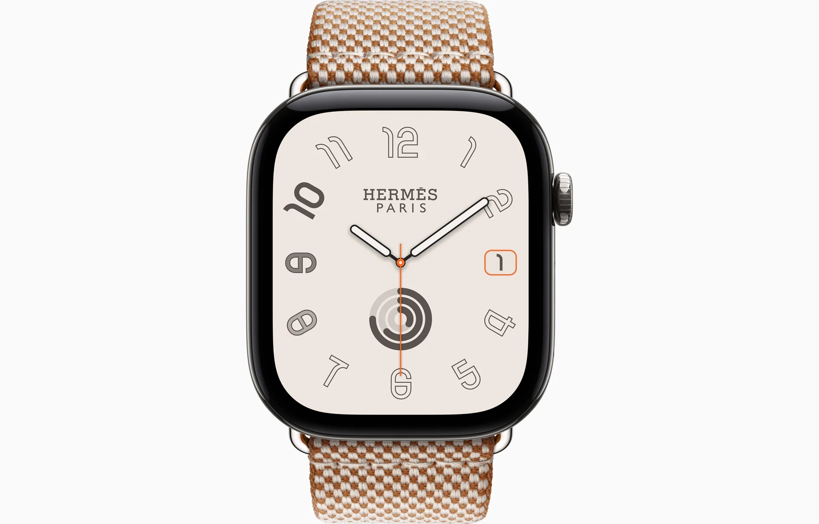 Apple Watch Hermès Series 12 46mm Silver Titanium case with Gold/Écru Toile H Single Tour — front view