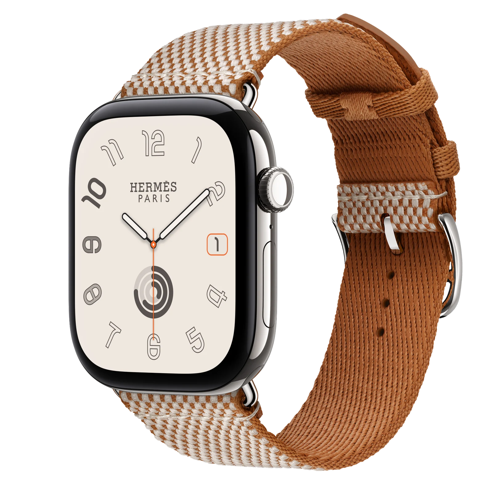 Apple Watch Hermès Series 12 46mm Silver Titanium case with Gold/Écru Toile H Single Tour — side view
